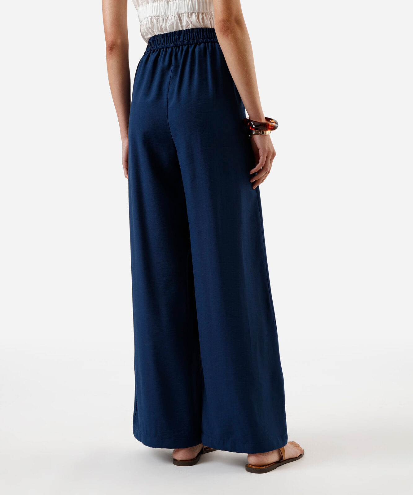 calça wide leg feminina de viscose texturizada azul