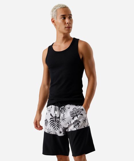 short boardshort masculino com recorte folhagens colorido
