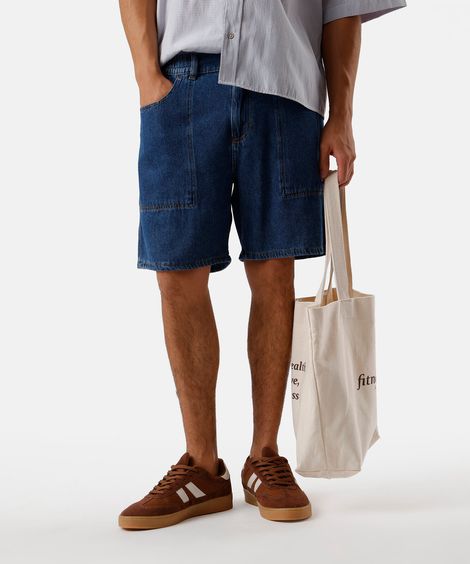 bermuda reta masculina jeans cós elástico azul