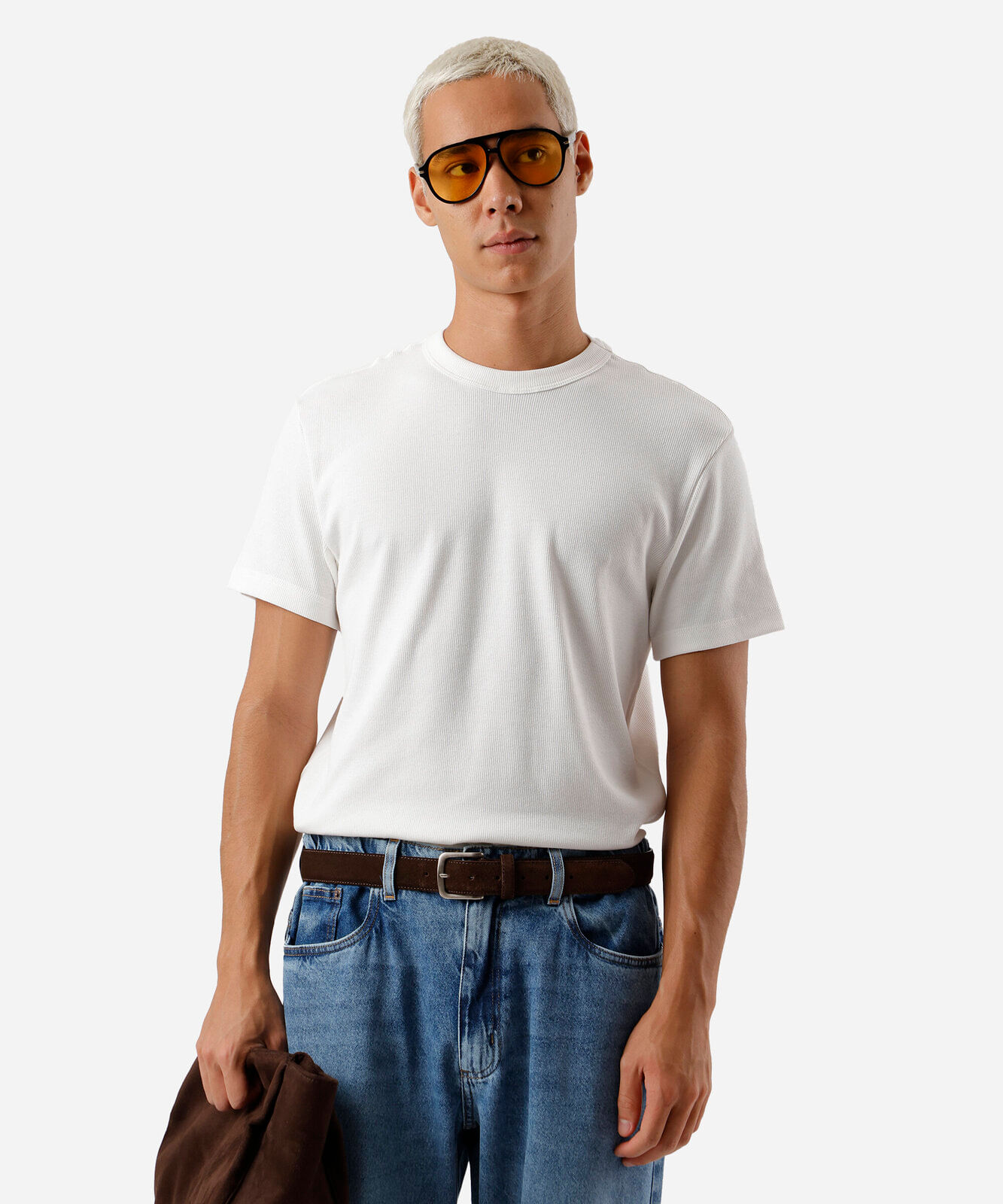 camiseta slim fit masculina com algodão canelada off white