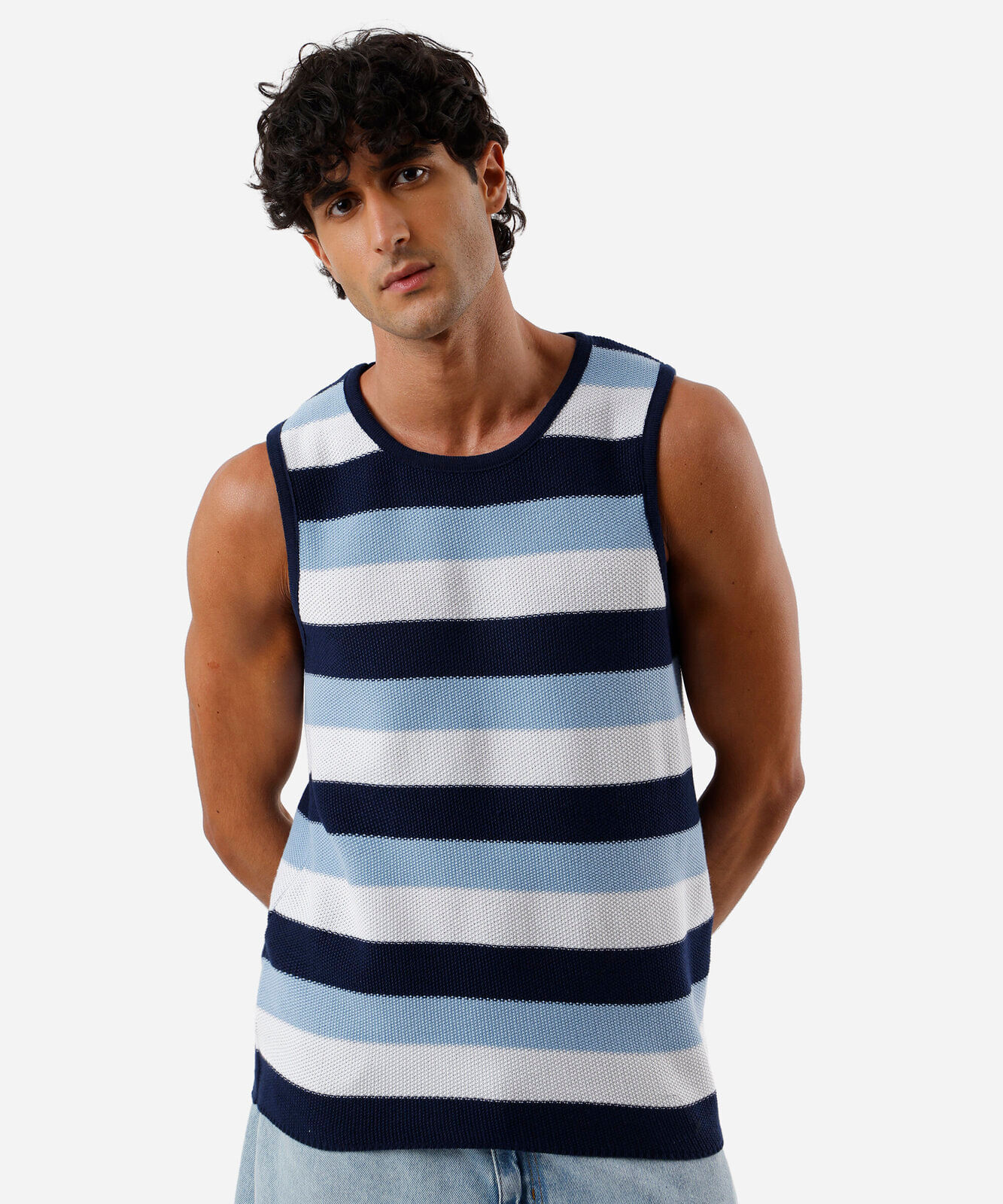 regata masculina de tricot listrada azul