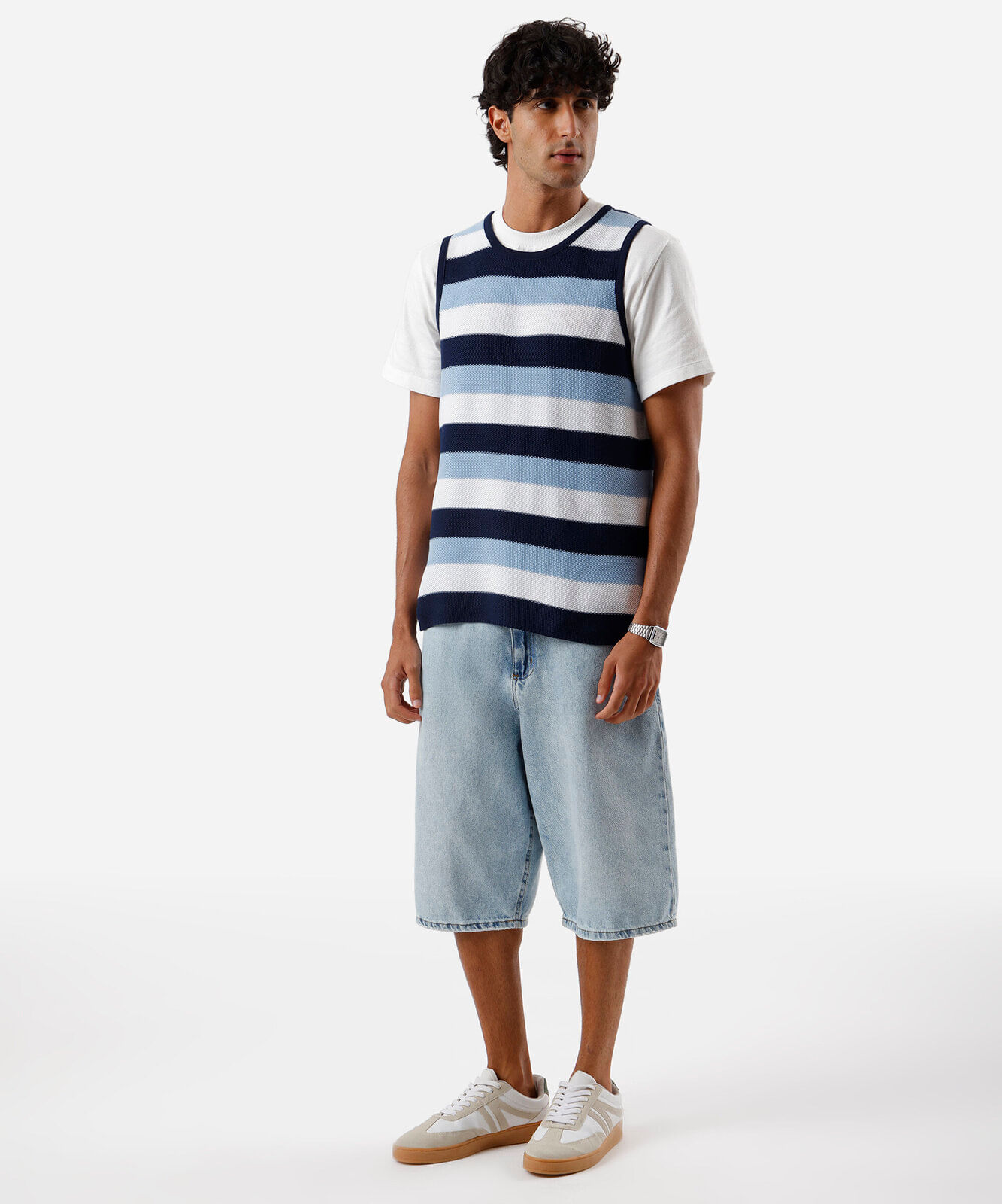 regata masculina de tricot listrada azul