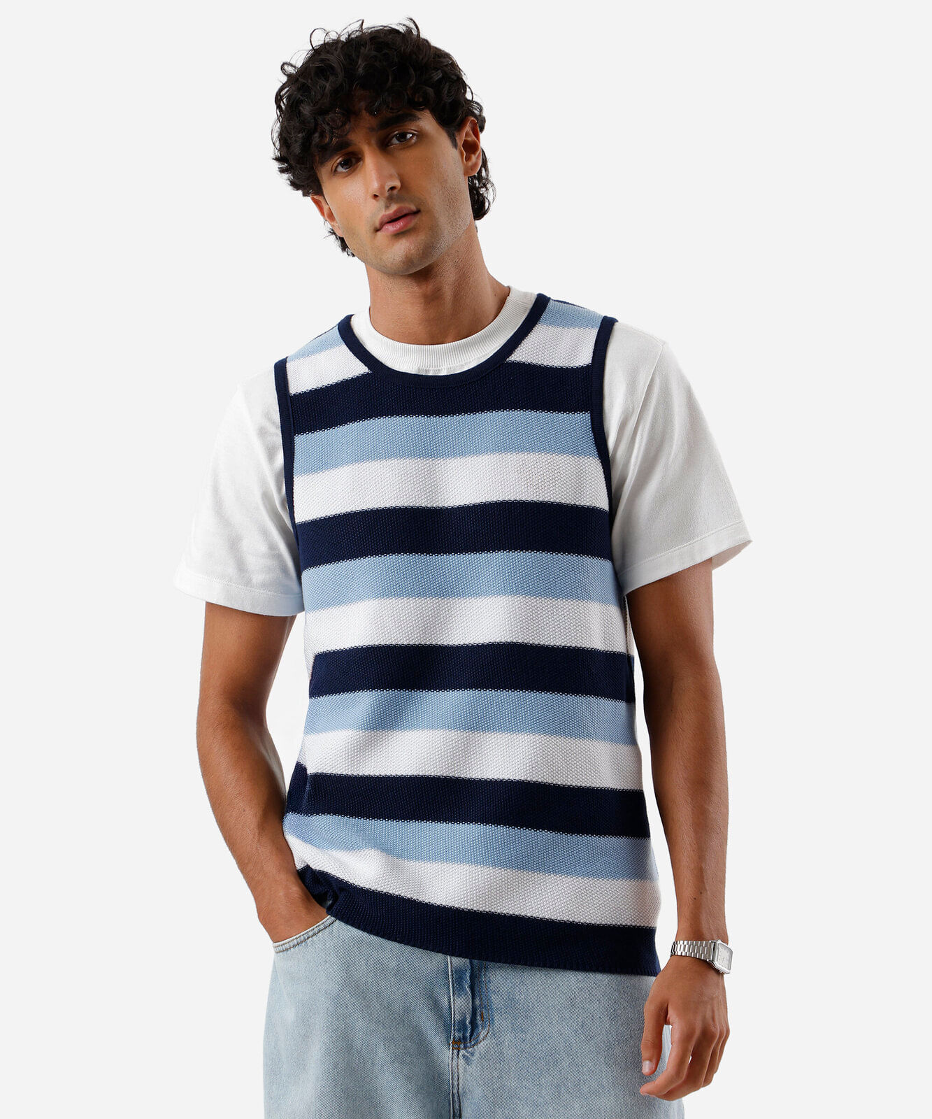 regata masculina de tricot listrada azul