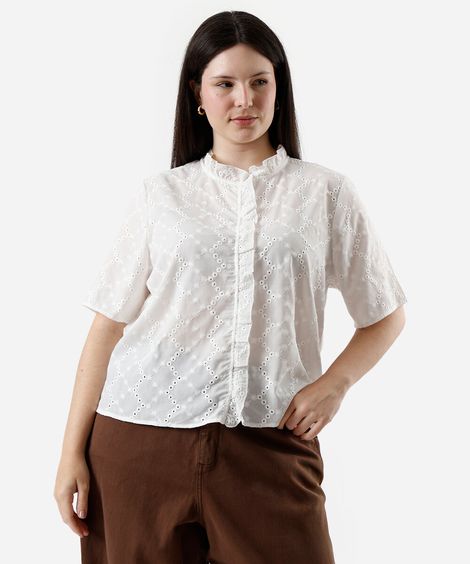 camisa feminina de laise manga curta plus size off white