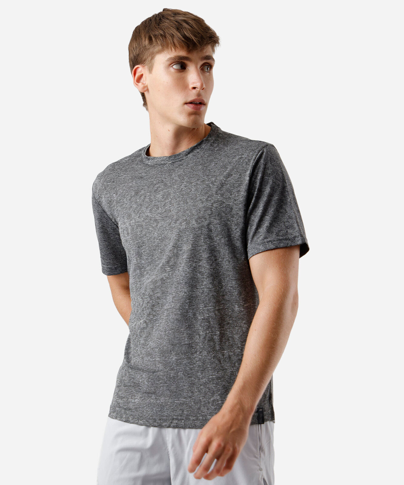 camiseta esportiva masculina de jacquard camuflada cinza