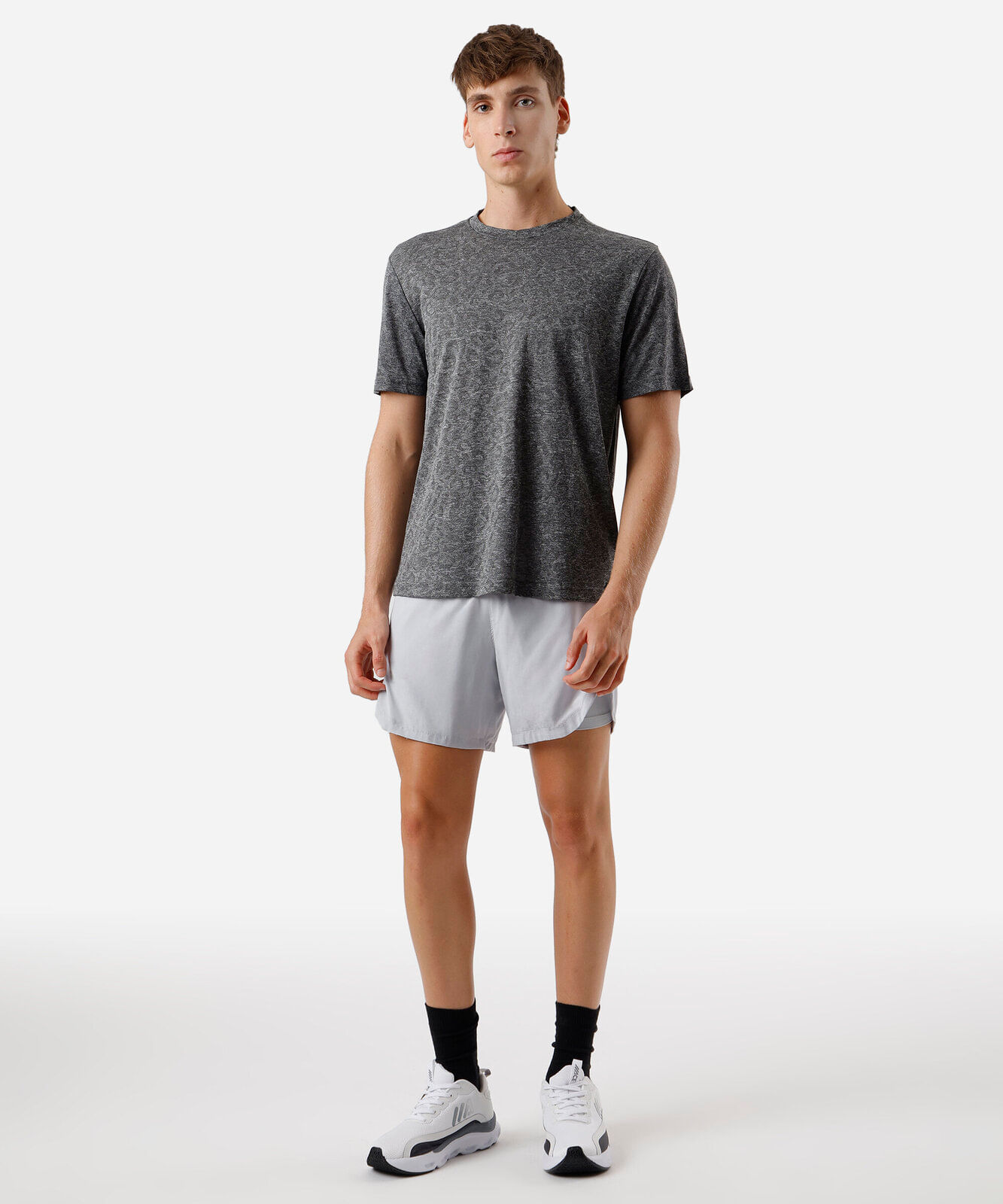 camiseta esportiva masculina de jacquard camuflada cinza