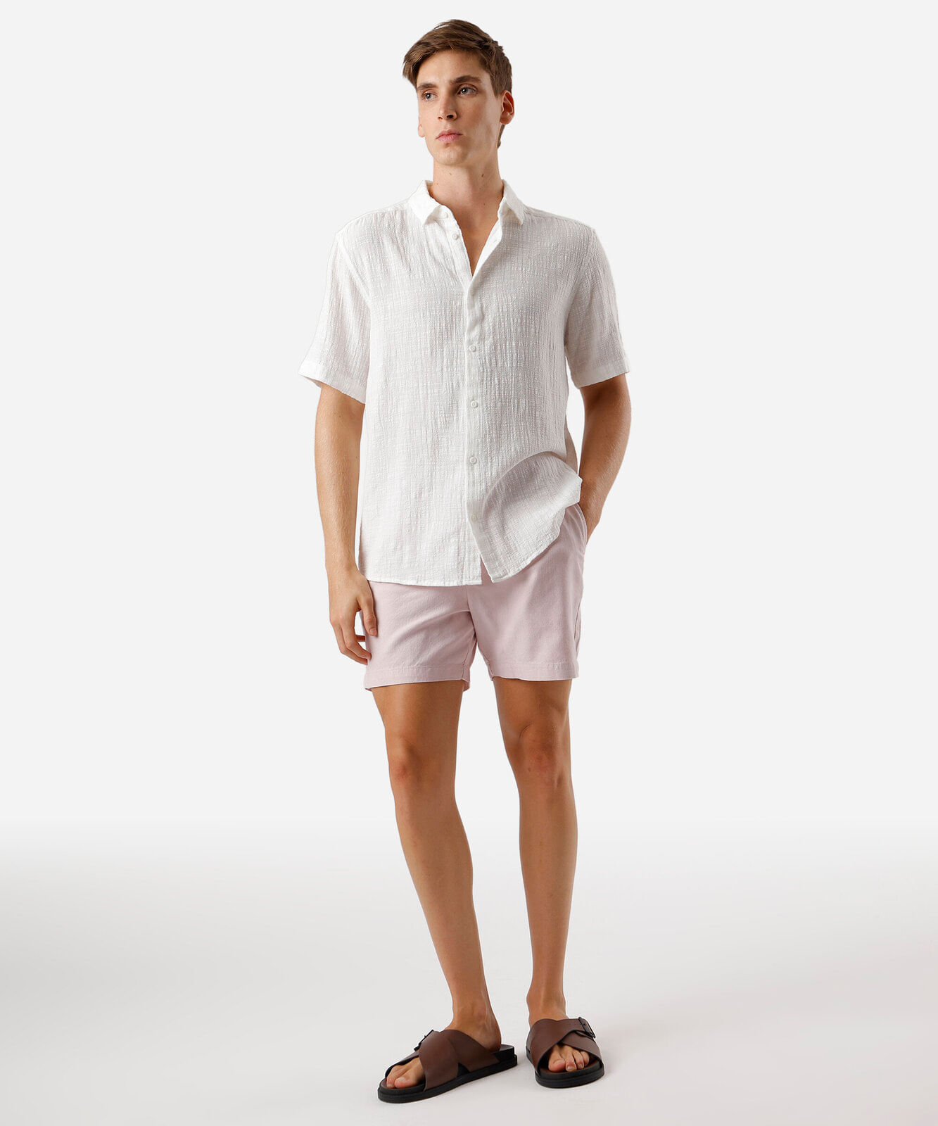 camisa texturizada manga curta algodão branca