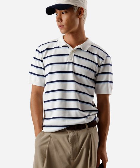 polo box fit masculina de tricot listrada off white