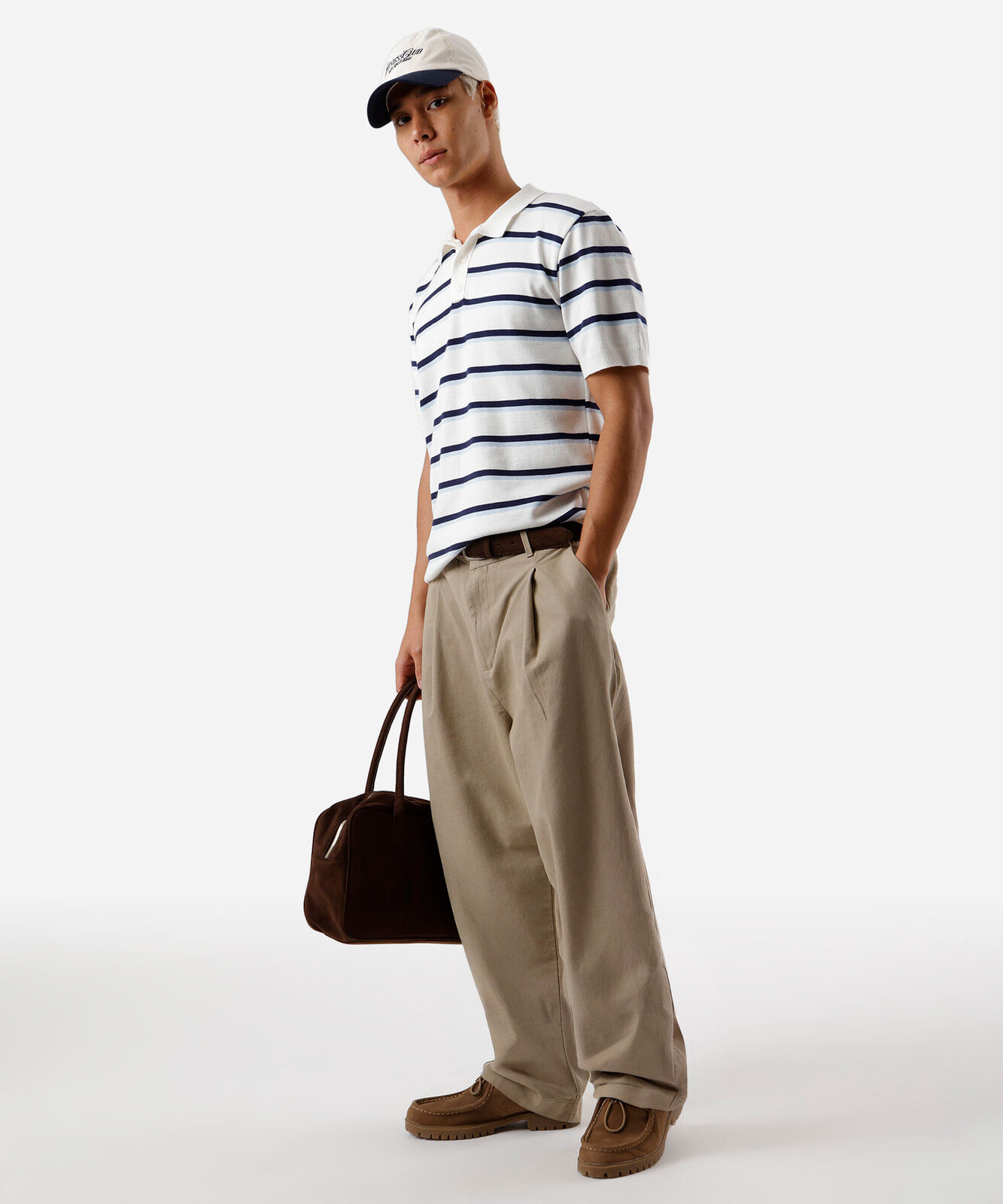 polo box fit masculina de tricot listrada off white