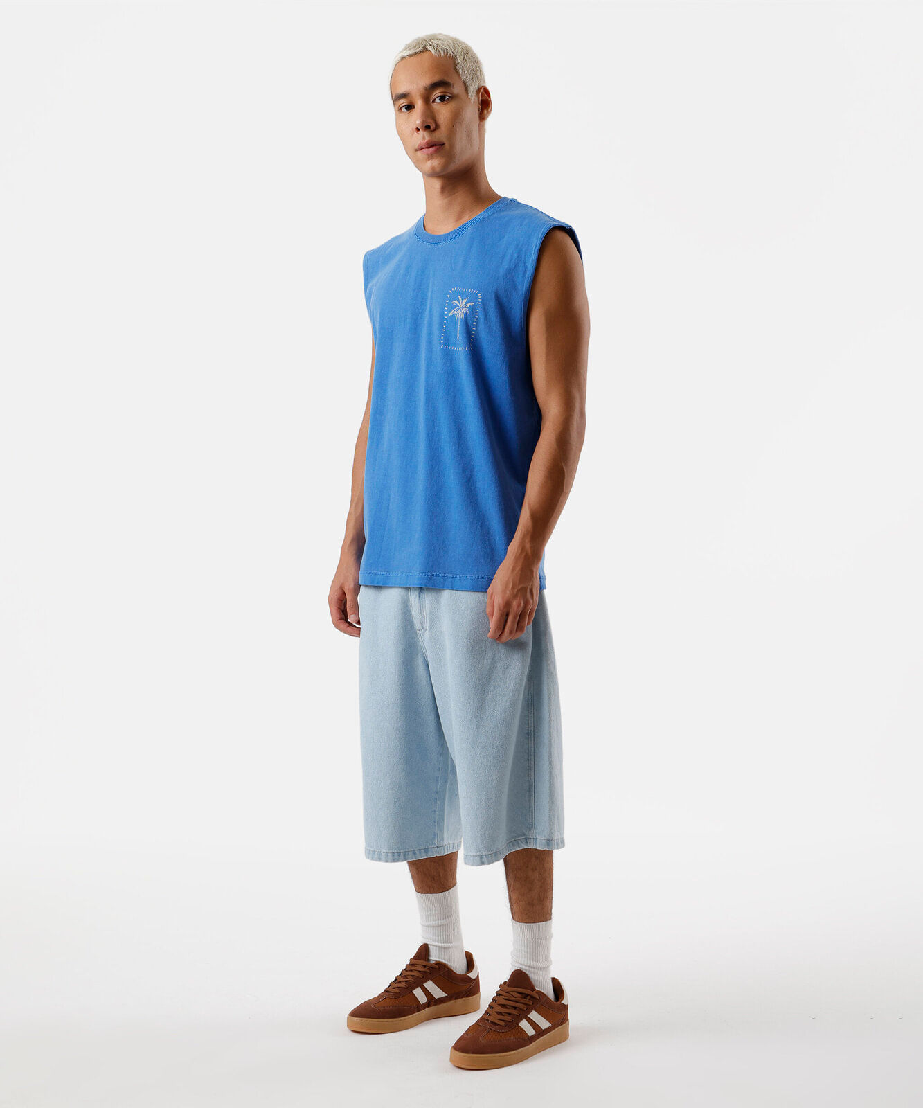 regata machão masculina de algodão estampada estonada azul