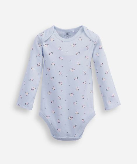 body infantil de algodão manga longa floral azul