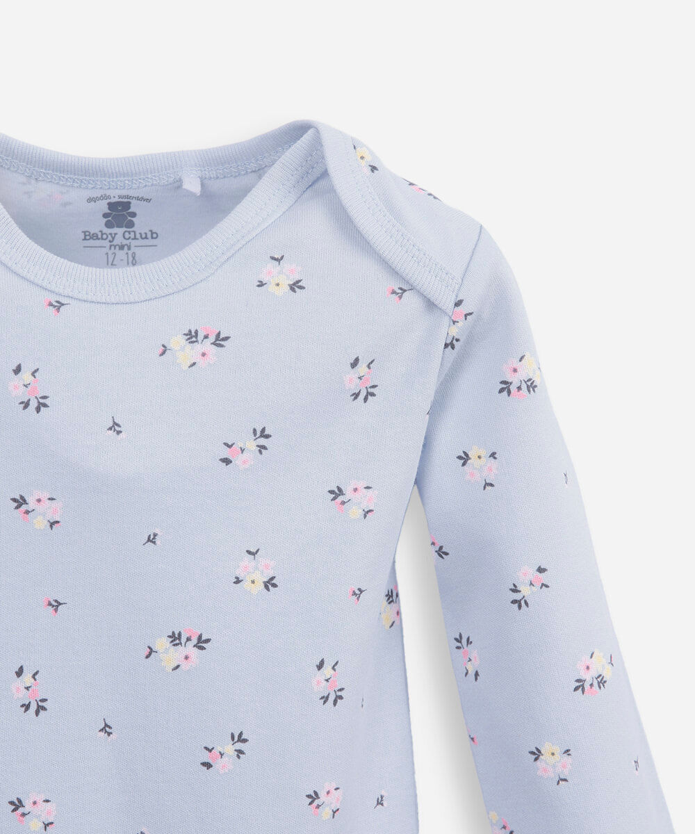 body infantil de algodão manga longa floral azul