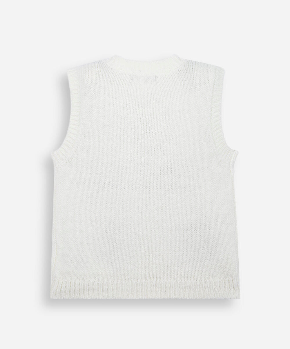 colete infantil de tricô com bordado floral off white
