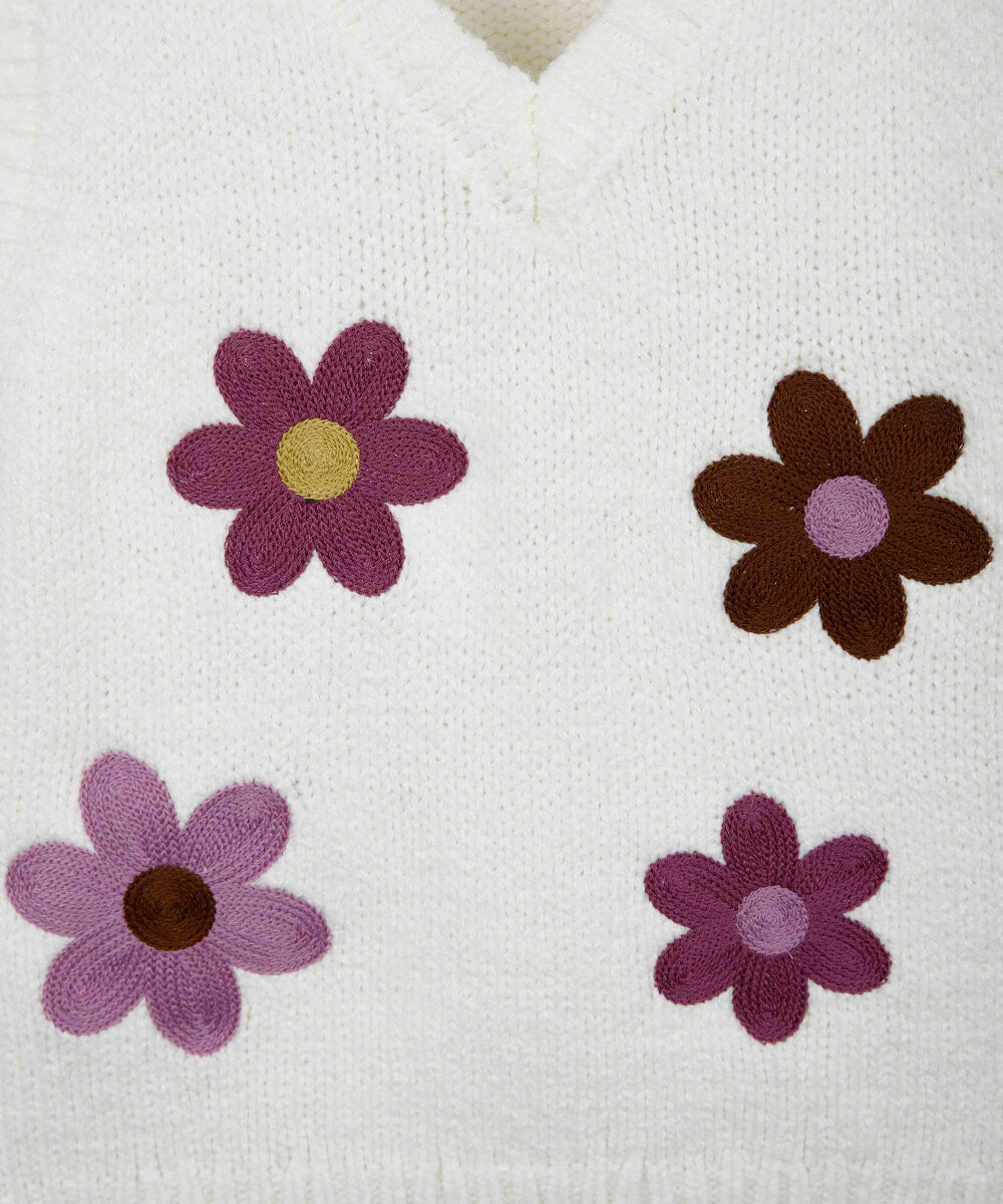 colete infantil de tricô com bordado floral off white