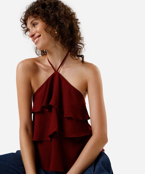 blusa halterneck feminina com babados texturizada vinho