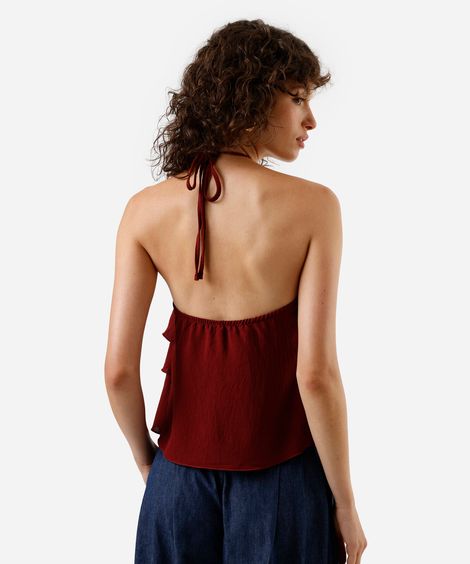 blusa halterneck feminina com babados texturizada vinho