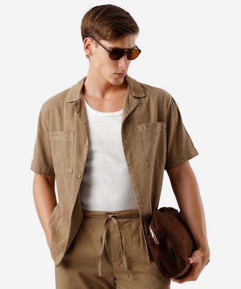 camisa comfort masculina manga curta marrom