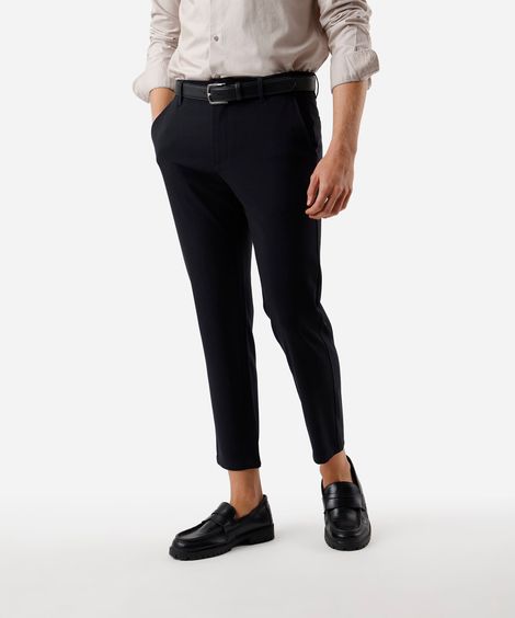 calça chino slim de alfaiataria masculina com elástico no cós azul