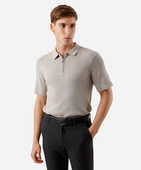 camisa polo manga curta ziper algodao cinza