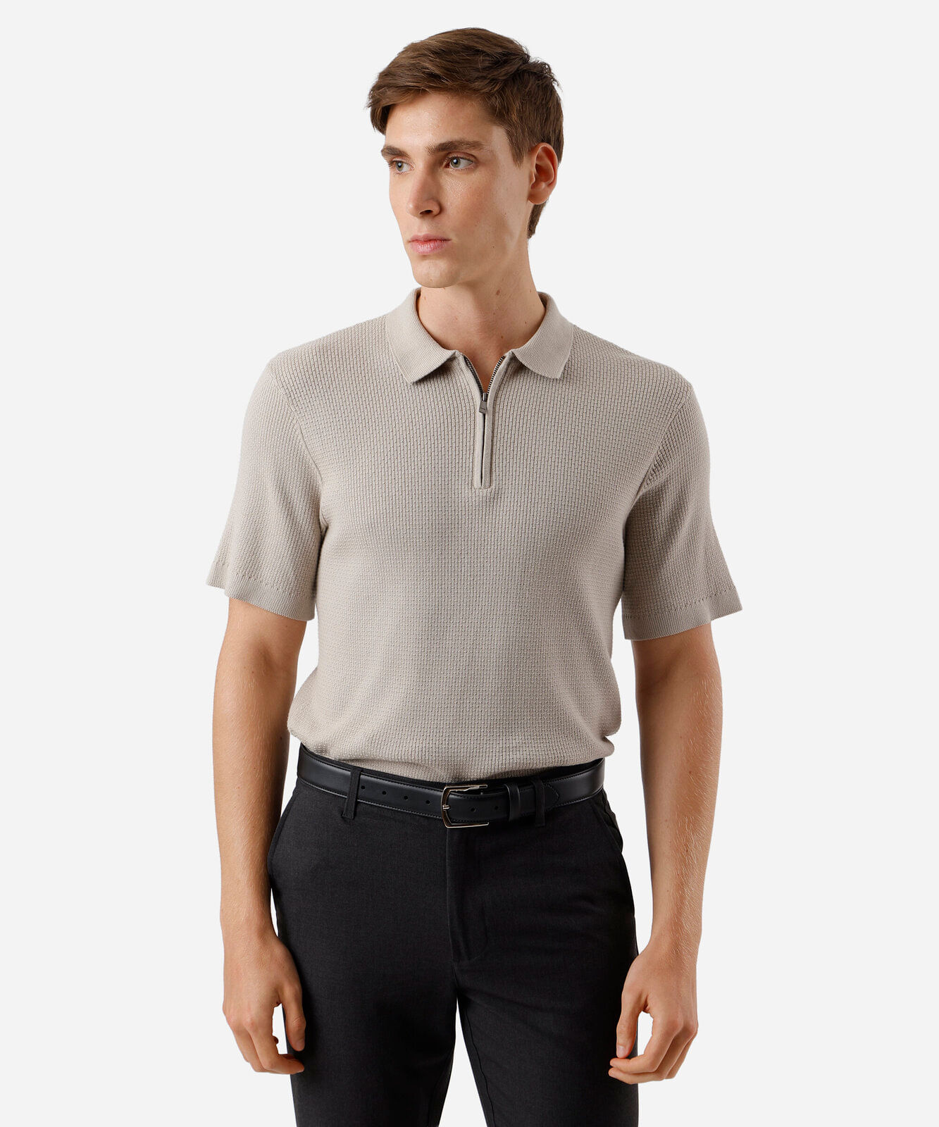 camisa polo manga curta ziper algodao cinza