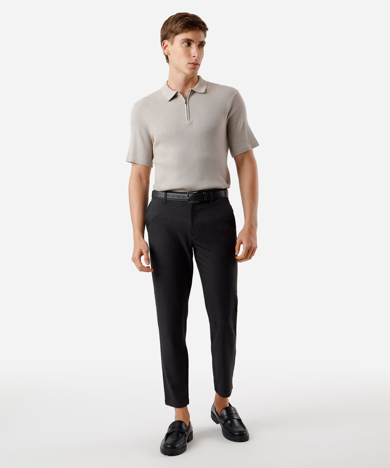 camisa polo manga curta ziper algodao cinza