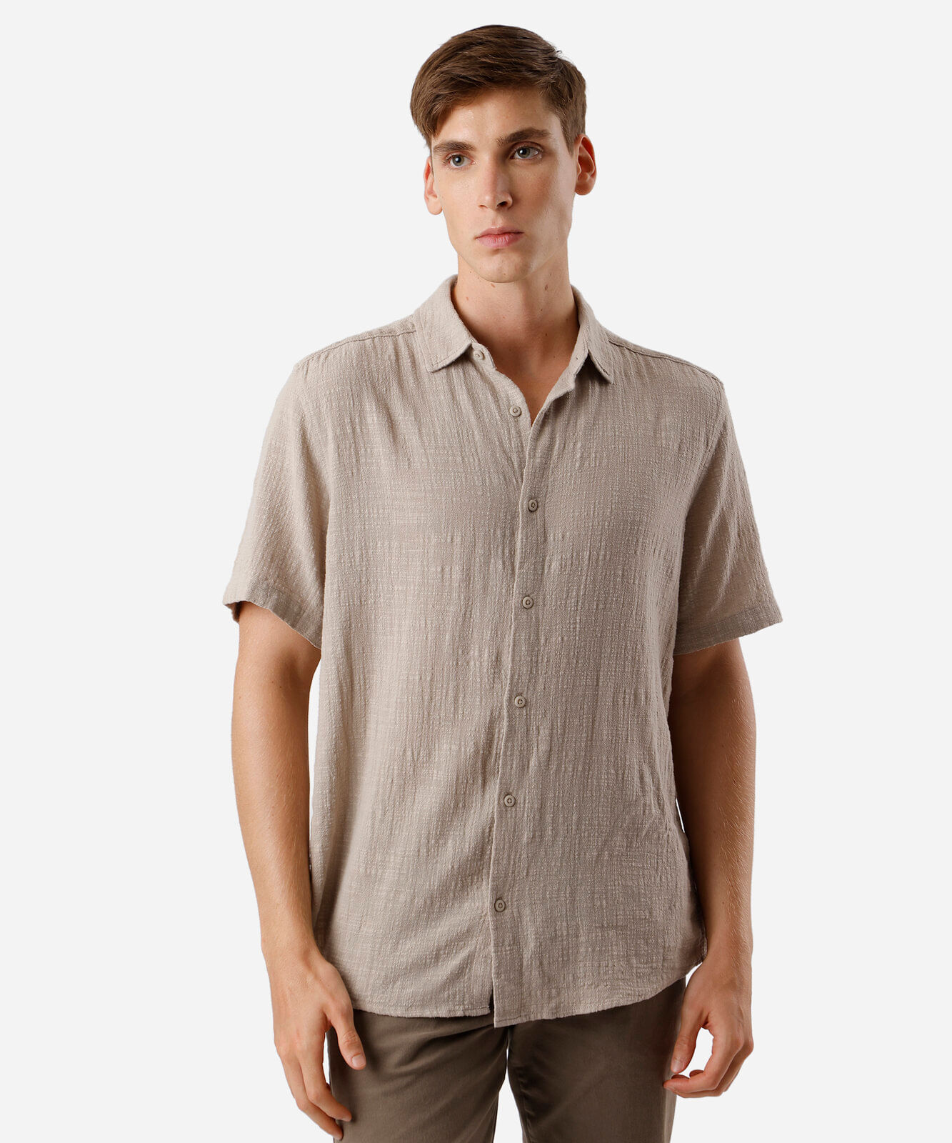camisa texturizada manga curta algodao - kaki claro