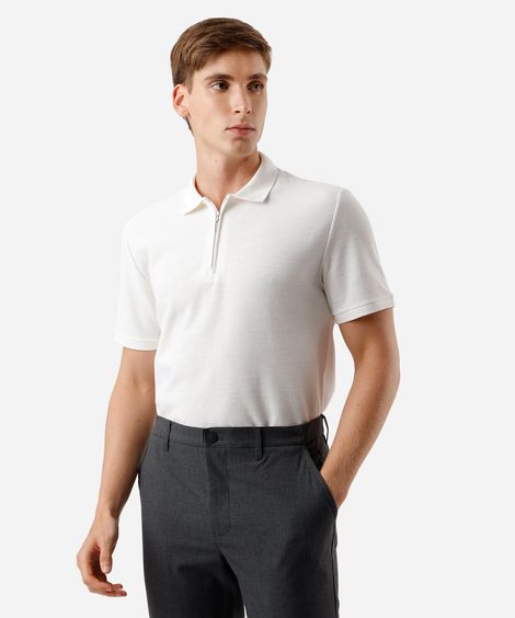 polo masculina em piquet com zíper manga curta off white