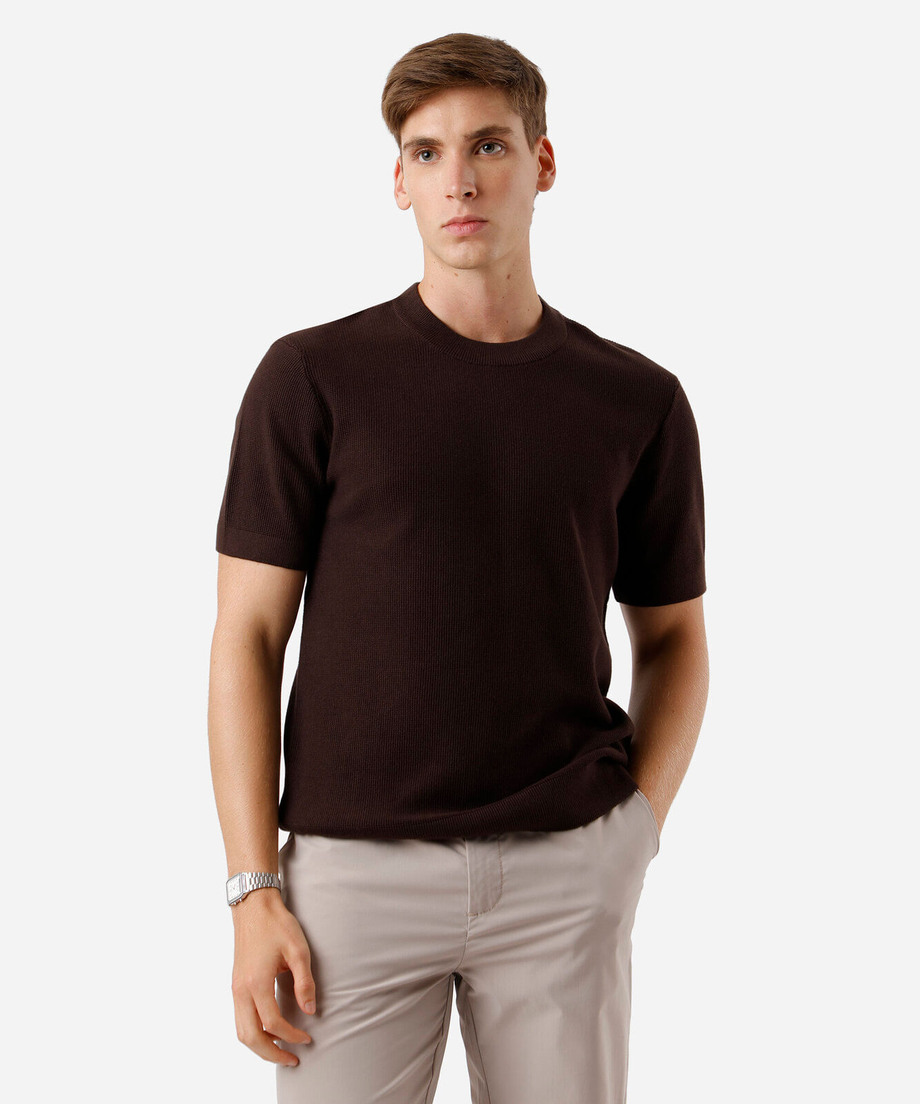 camiseta masculina de tricot manga curta marrom