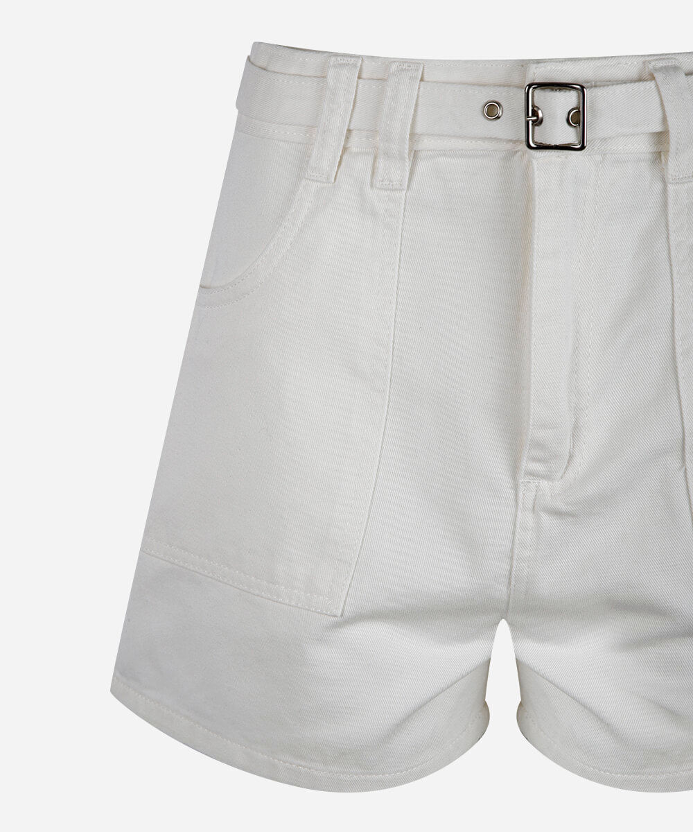 short juvenil de sarja com cinto off white