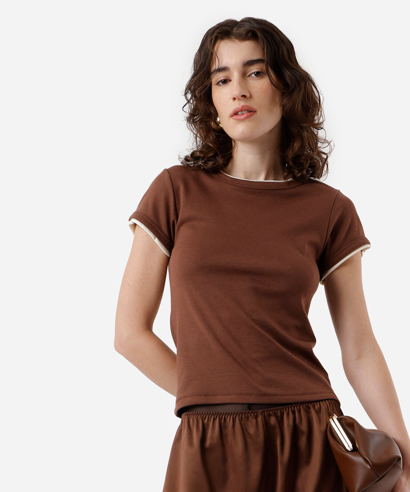 blusa feminina com algodão bicolor marrom