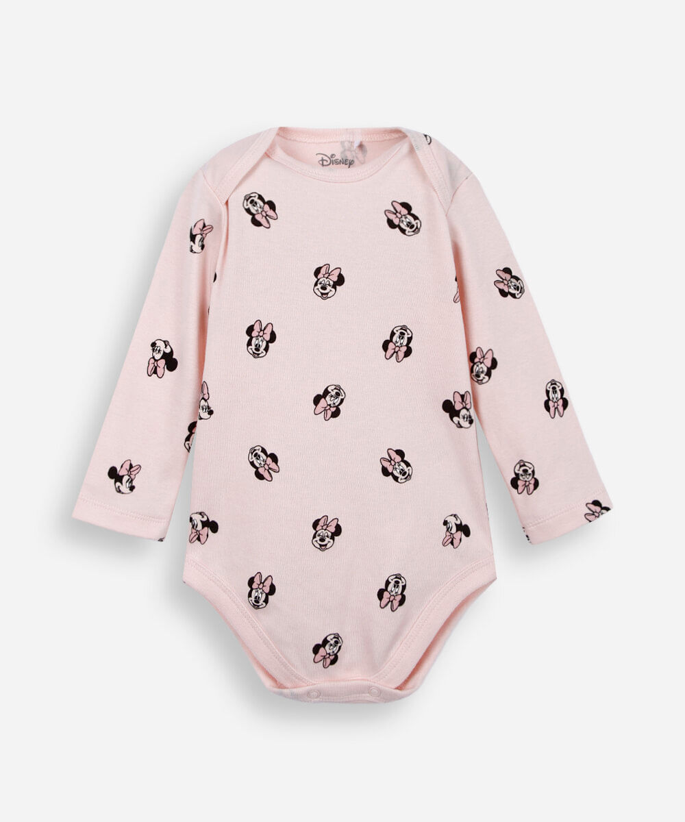 body infantil de algodão minnie manga longa rosa