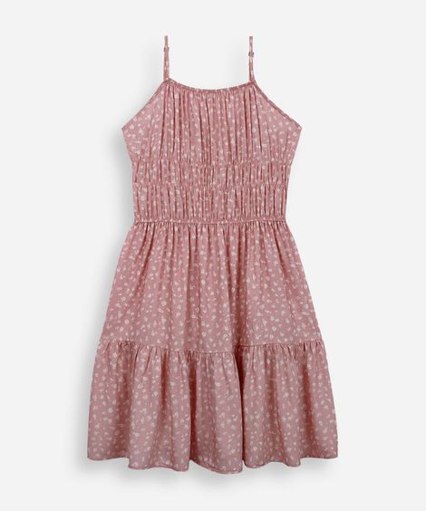 vestido curto alça fina juvenil de viscose com recorte floral rosa