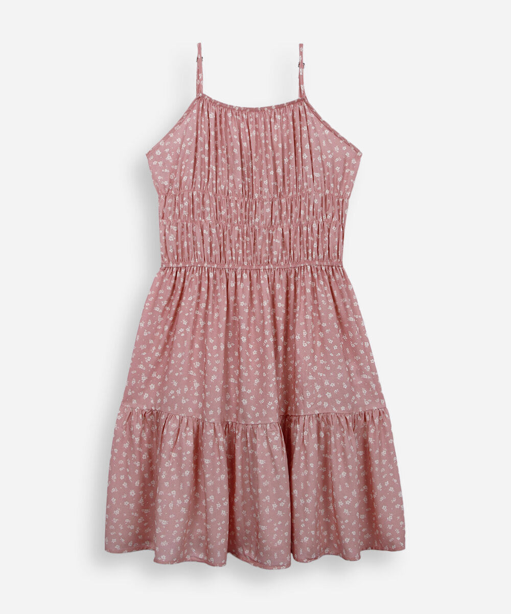vestido curto alça fina juvenil de viscose com recorte floral rosa