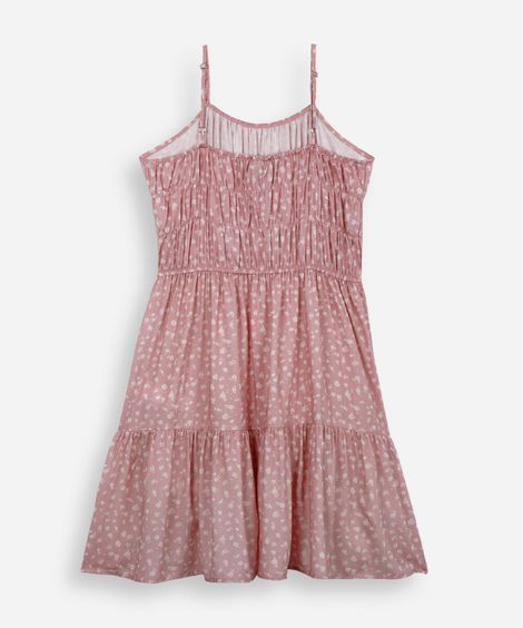 vestido curto alça fina juvenil de viscose com recorte floral rosa