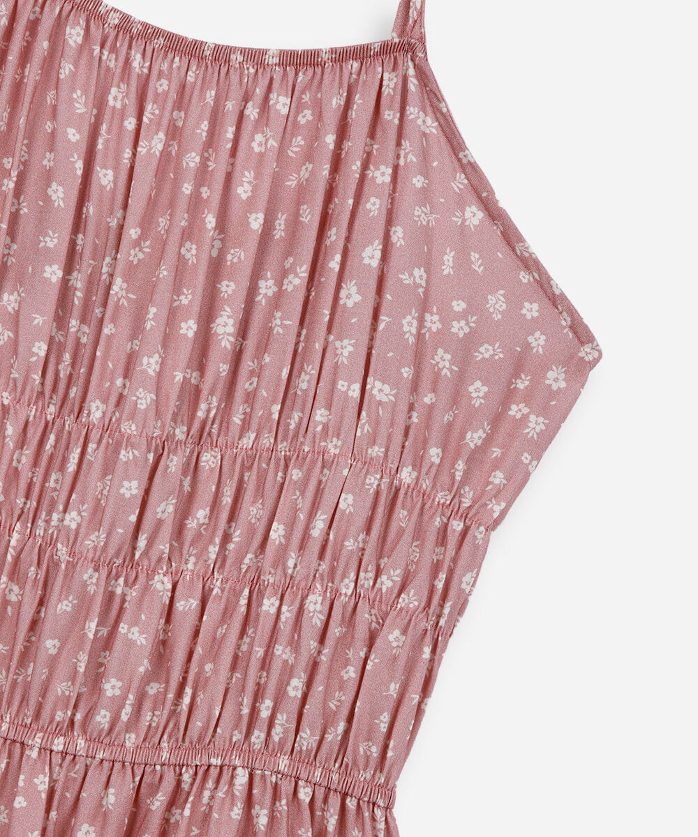 vestido curto alça fina juvenil de viscose com recorte floral rosa