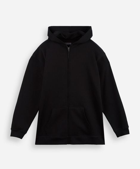 jaqueta oversized juvenil de moletom com capuz e bolso preta