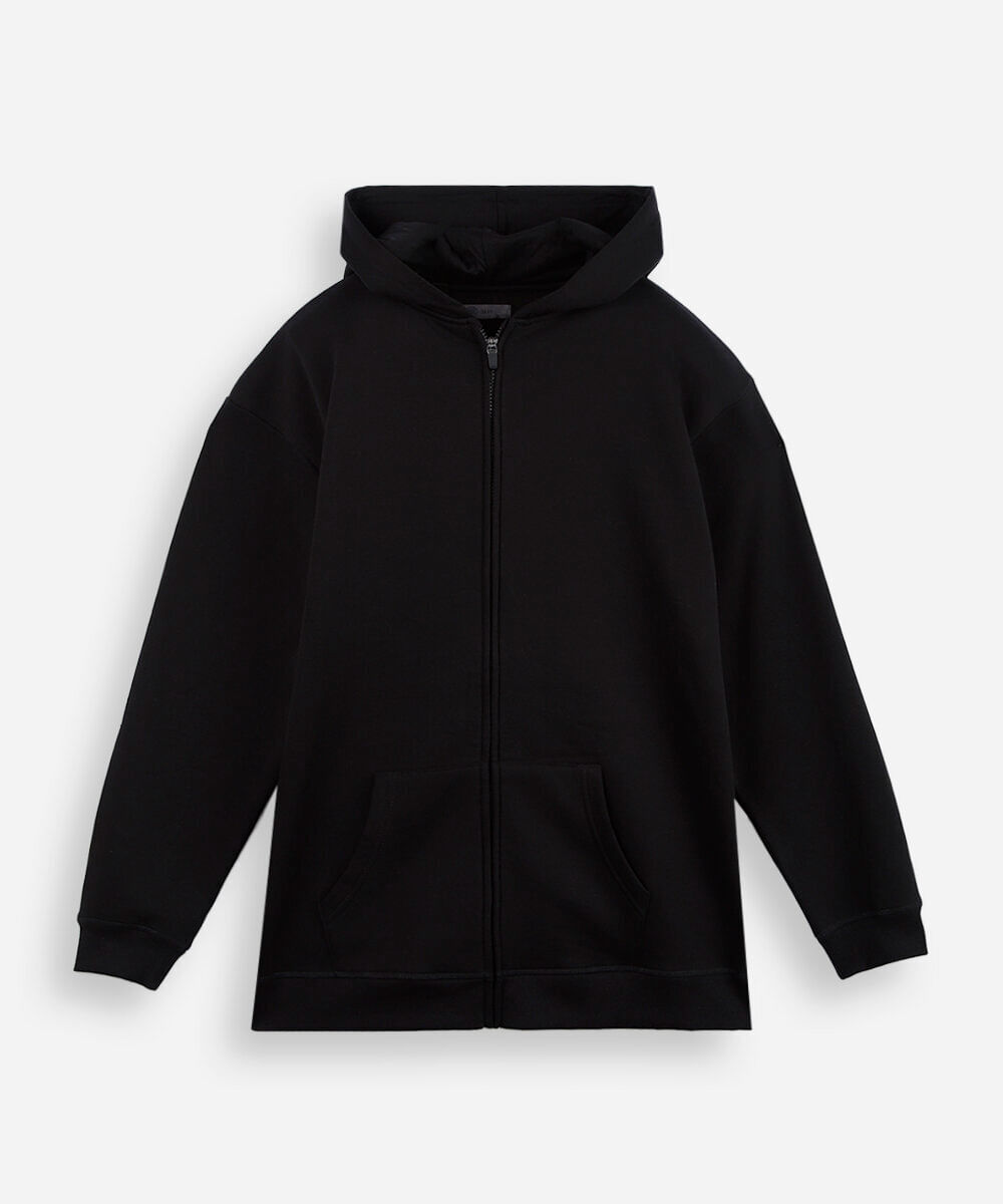 jaqueta oversized juvenil de moletom com capuz e bolso preta