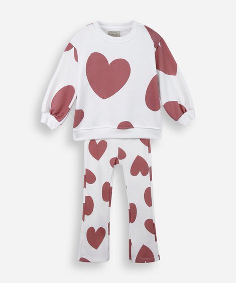 conjunto longo infantil com algodão corações off white