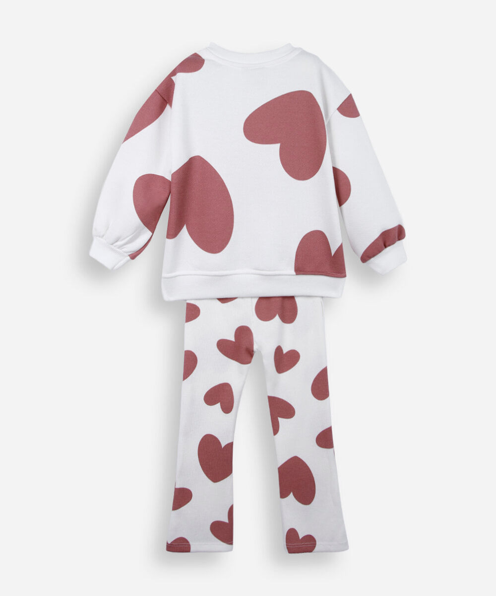 conjunto longo infantil com algodão corações off white