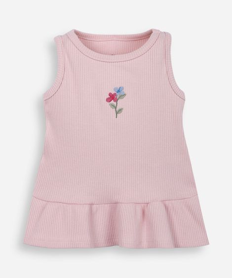 regata infantil de algodão com babado e bordado canelada rosa