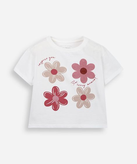blusa infantil de algodão com  bordado floral off white