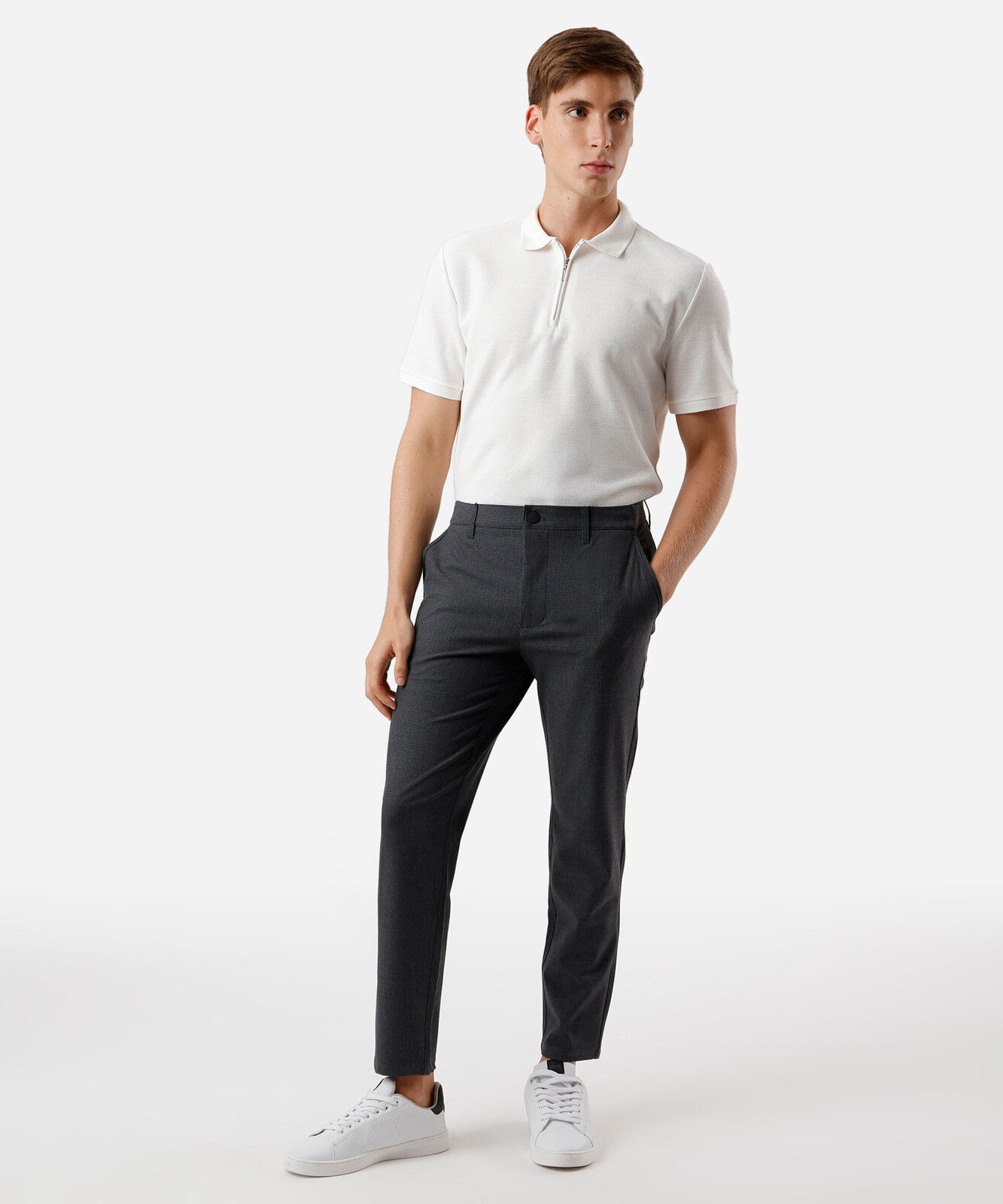 calça chino slim de alfaiataria masculina xadrez cinza