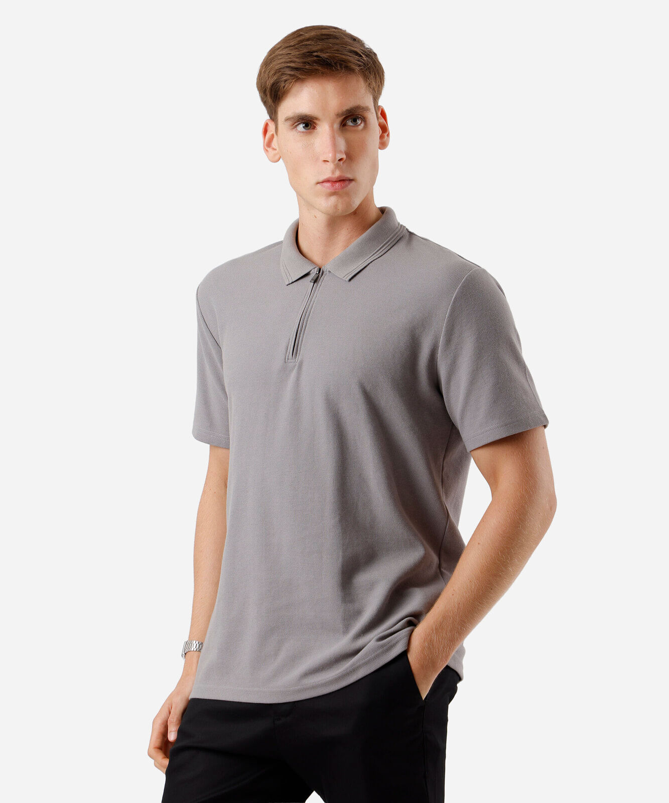 polo masculina com zíper texturizada cinza