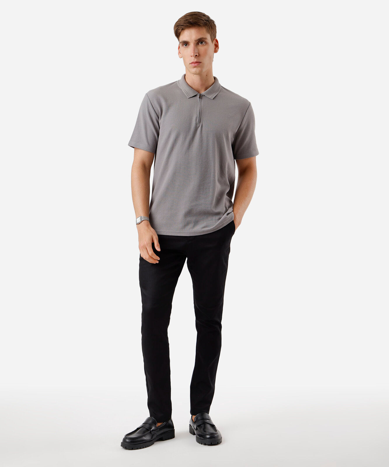 polo masculina com zíper texturizada cinza