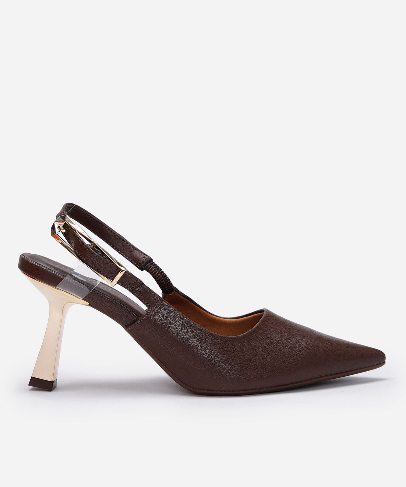scarpin bico fino salto alto metalizado oneself marrom