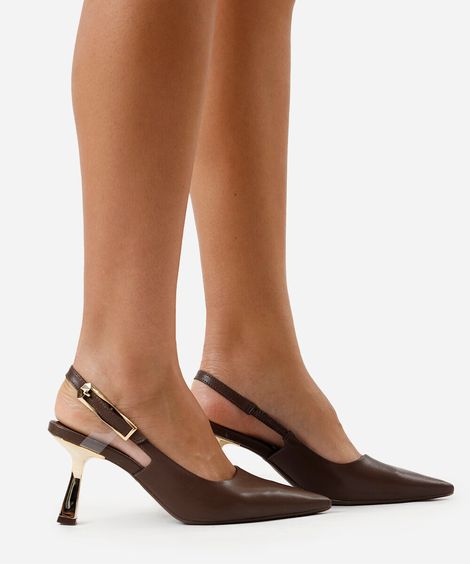 scarpin bico fino salto alto metalizado oneself marrom