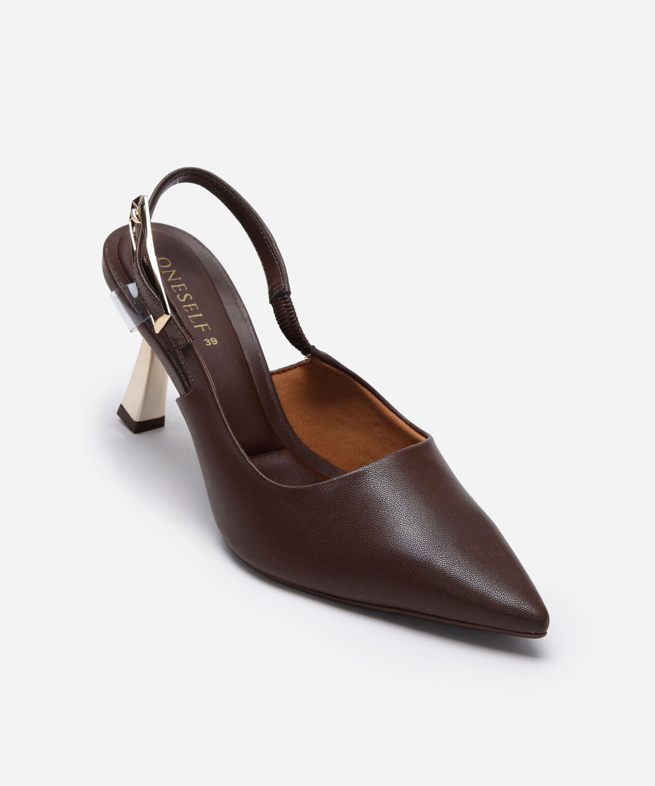 scarpin bico fino salto alto metalizado oneself marrom