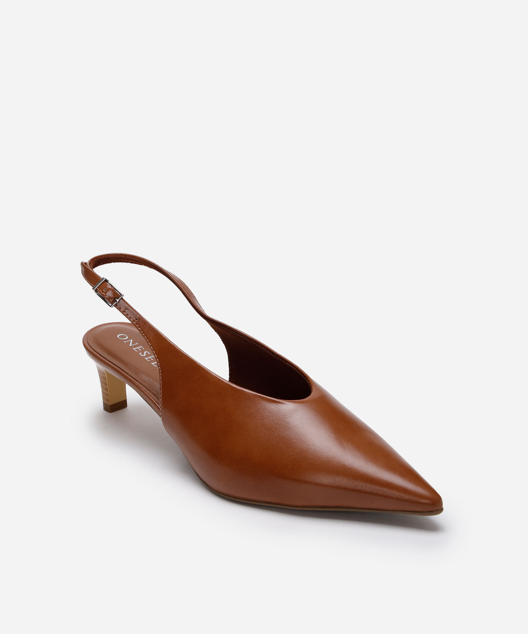 scarpin bico fino salto alto oneself marrom
