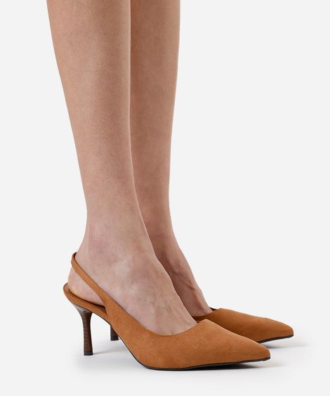 scarpin bico fino salto alto texturizado oneself bege