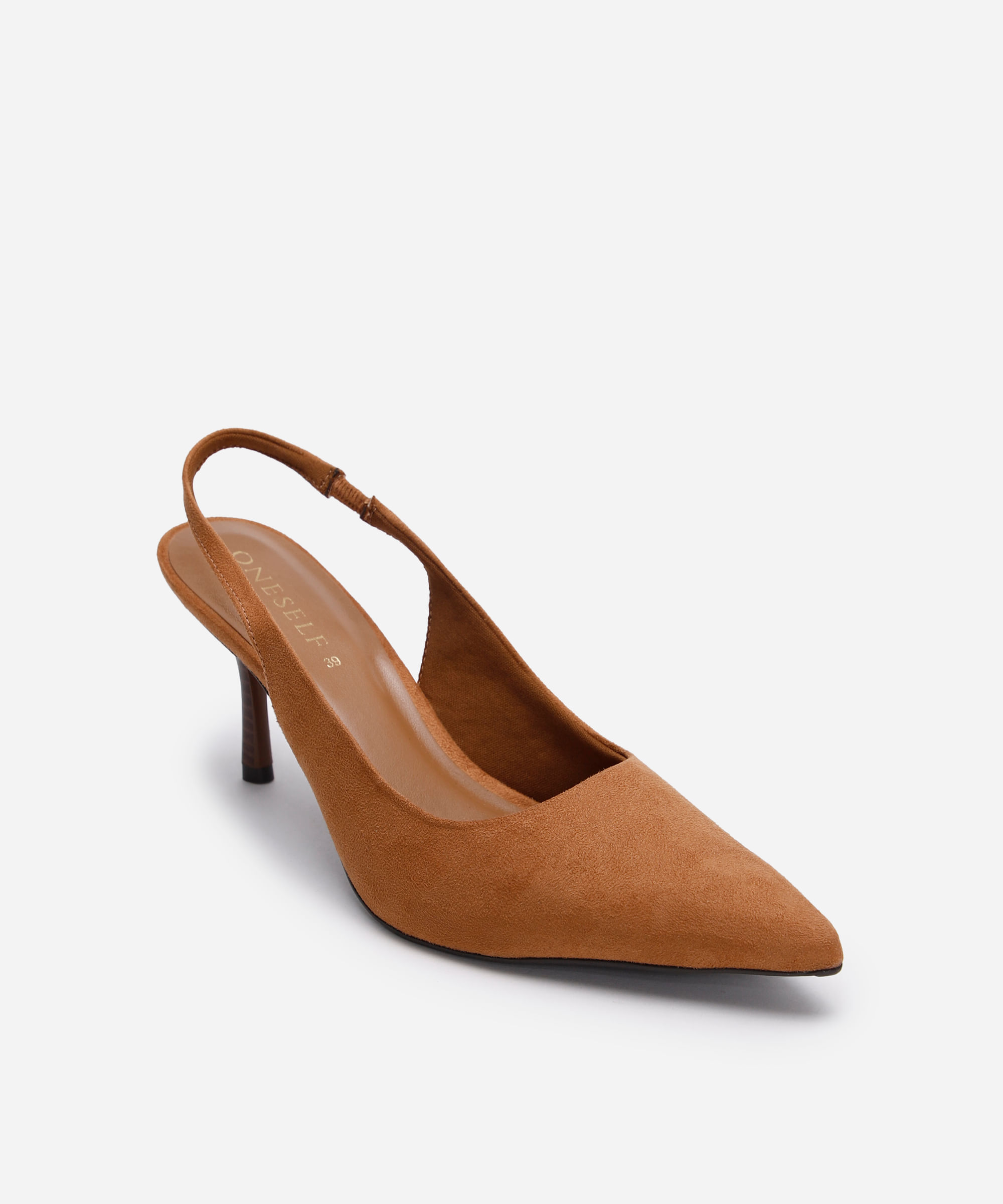 scarpin bico fino salto alto texturizado oneself bege